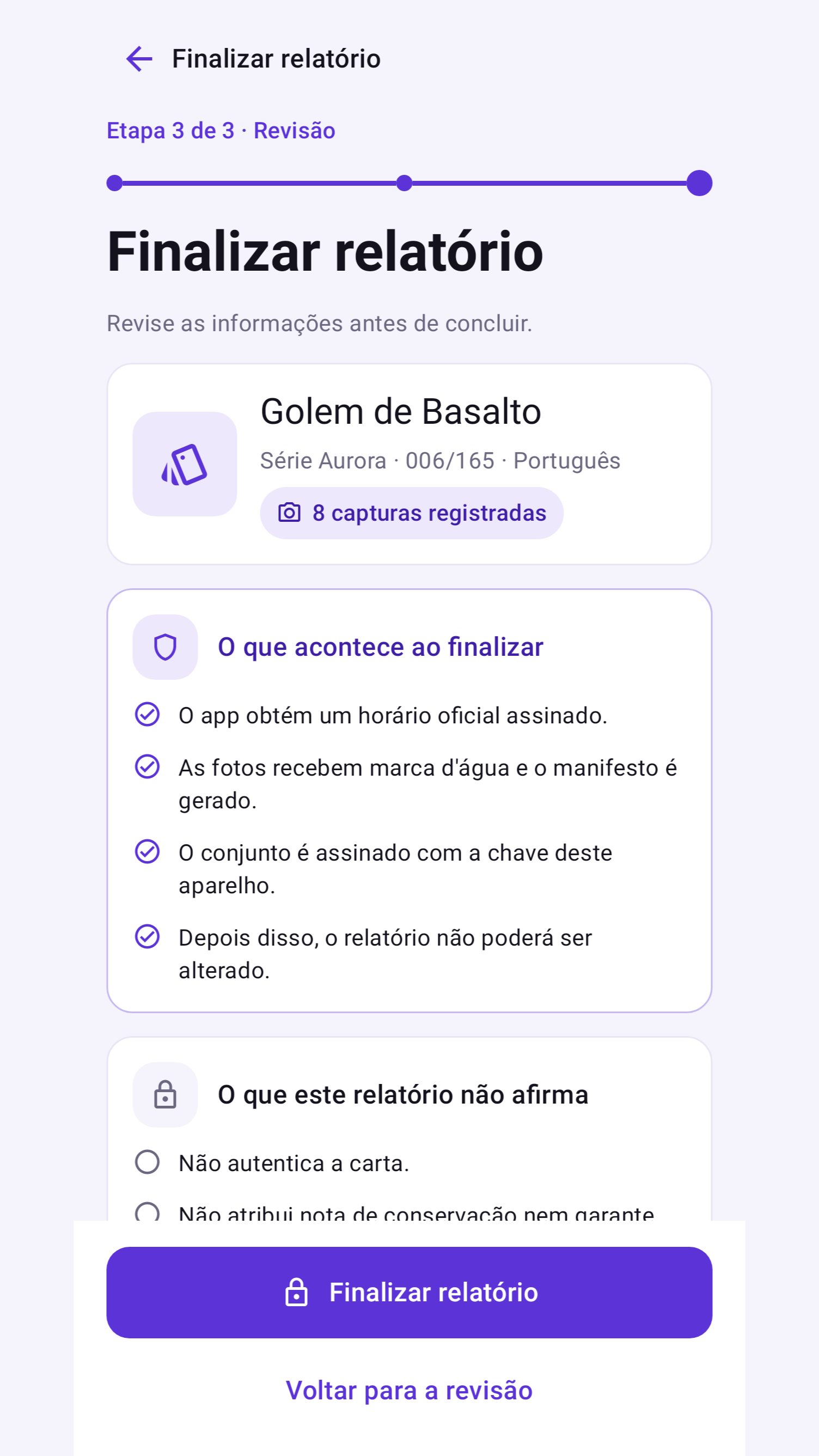 Tela de finalização do relatório