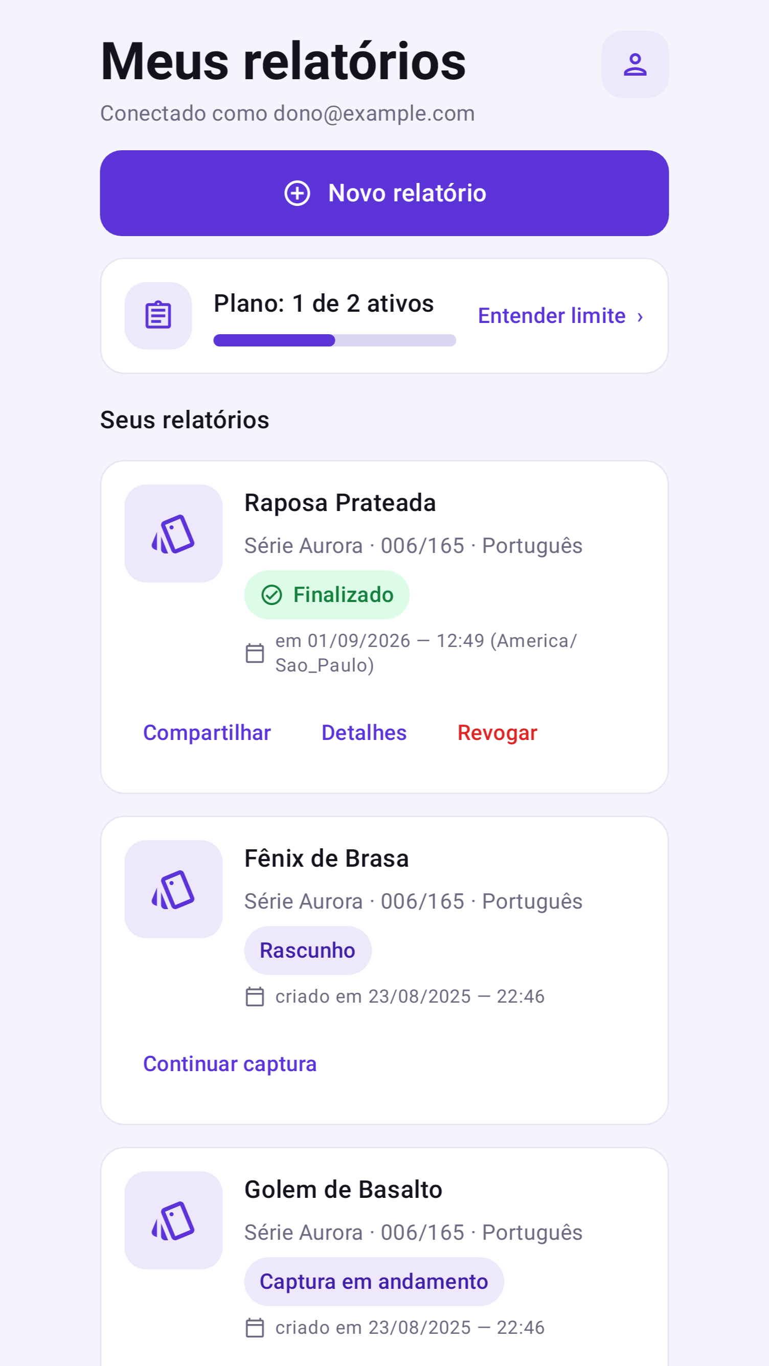 Tela de relatórios do app, com um relatório finalizado e dois em andamento