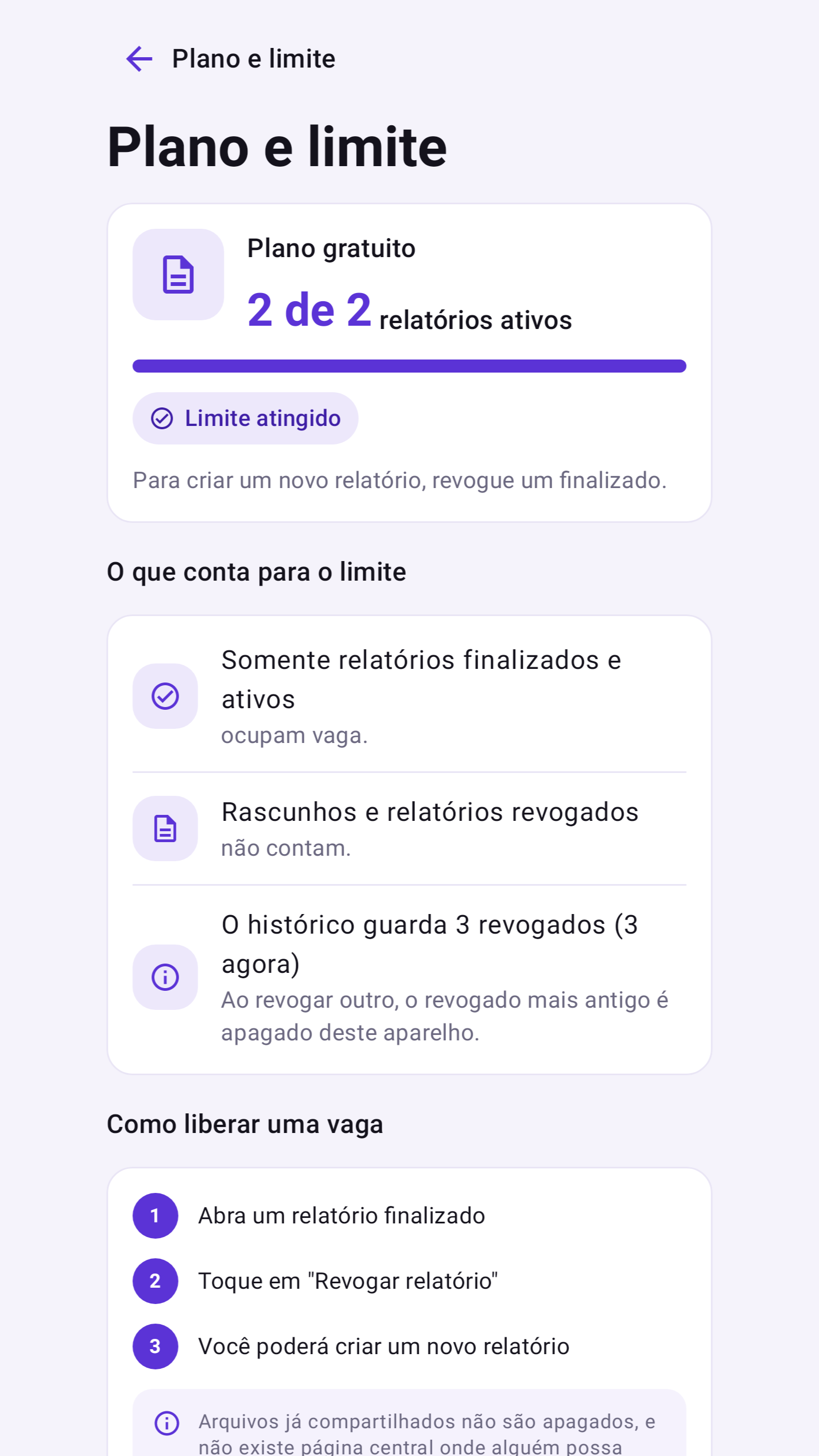 Tela do plano gratuito, mostrando o limite de relatórios ativos
