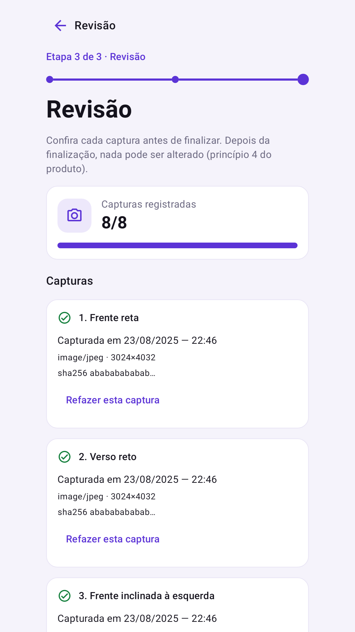 Tela de revisão mostrando oito capturas registradas
